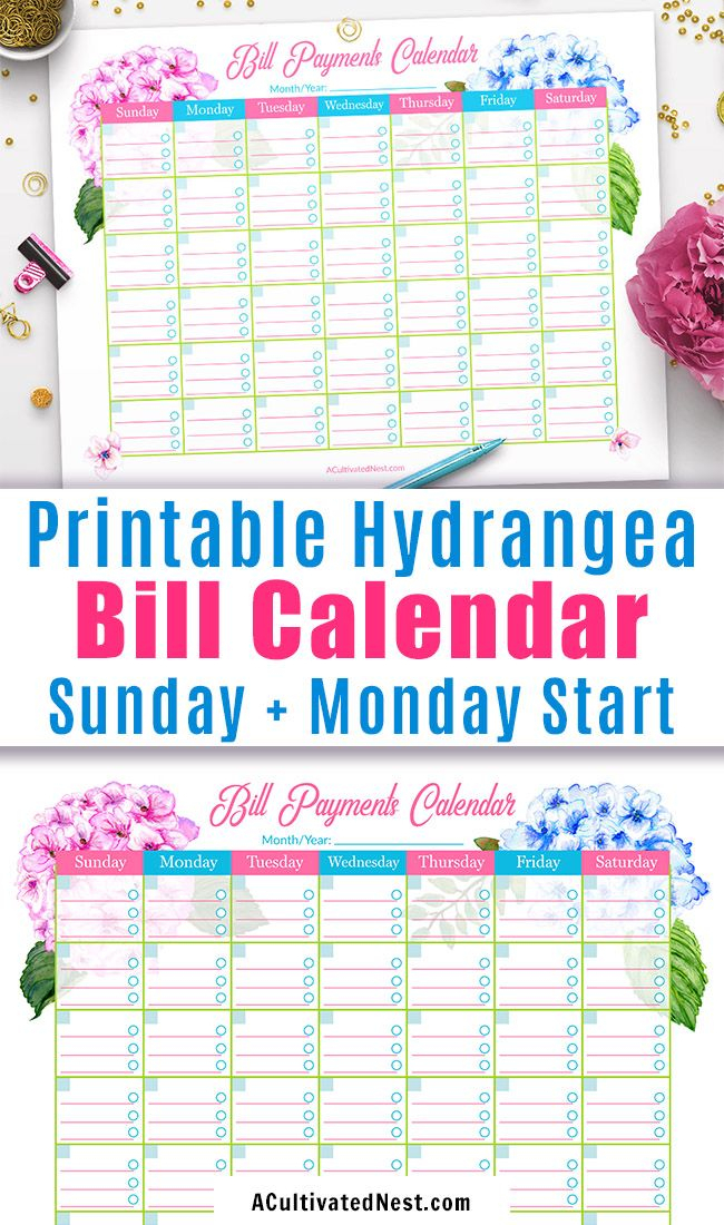 Printable Bill Payments Calendar: Hydrangeas A Cultivated in Printable Bill Pay Calendar