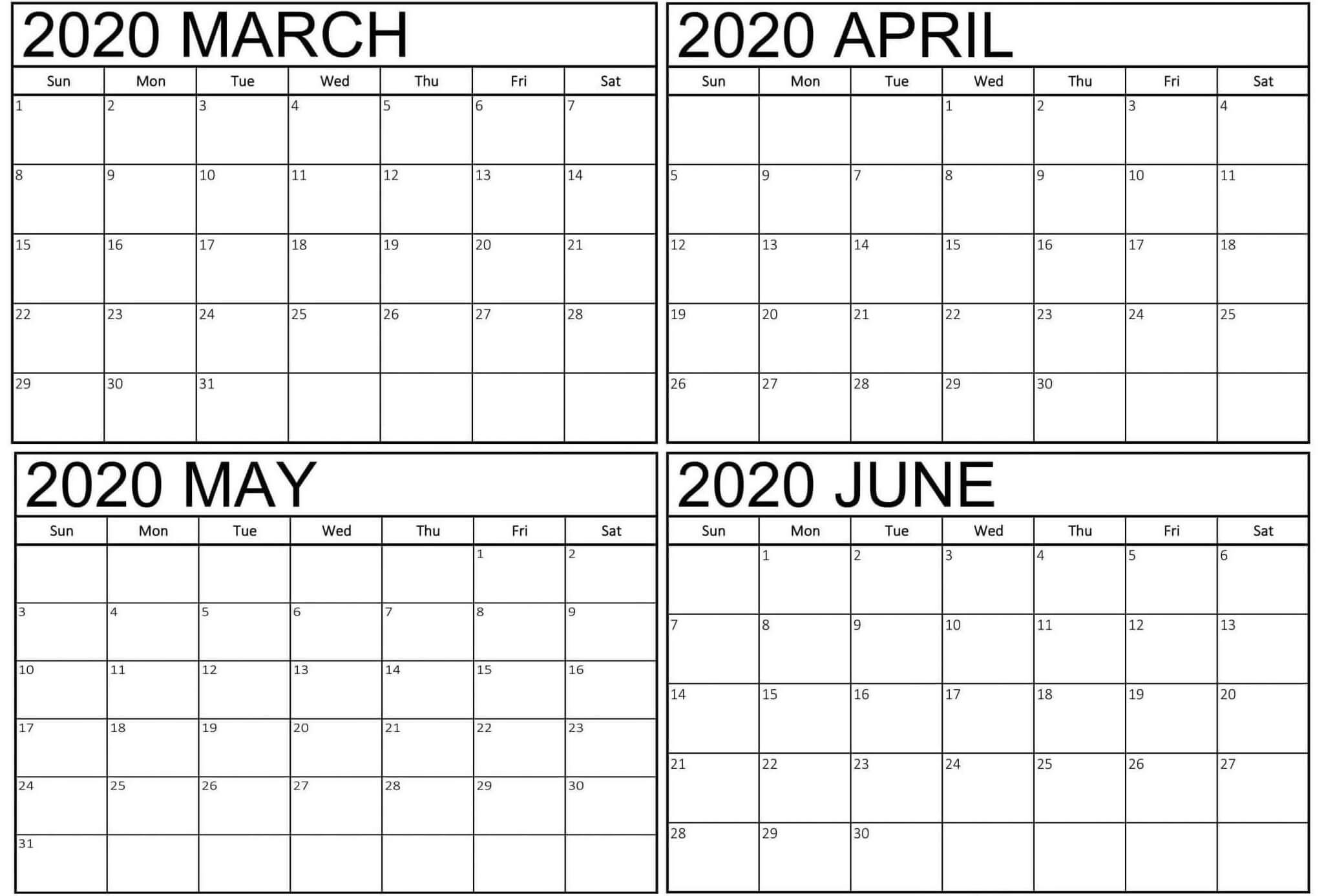 Printable March To June 2020 Calendar Of 4 Months regarding 4 Month Calendar Printable