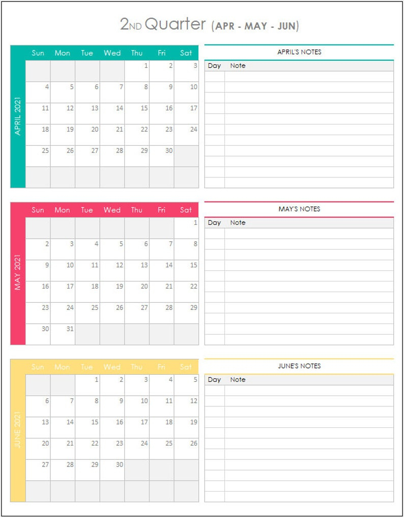 Quarterly Calendar 2021 Excel Template Planner Spreadsheet within Excel 3 Month Calendar