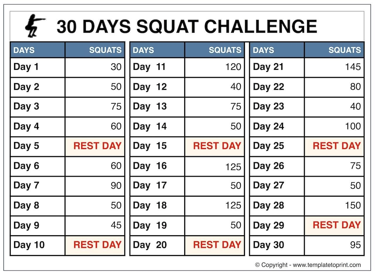 The 30 Day Squat Challenge Schedule Calendar | Get Your Calendar Printable intended for 30 Day Calender