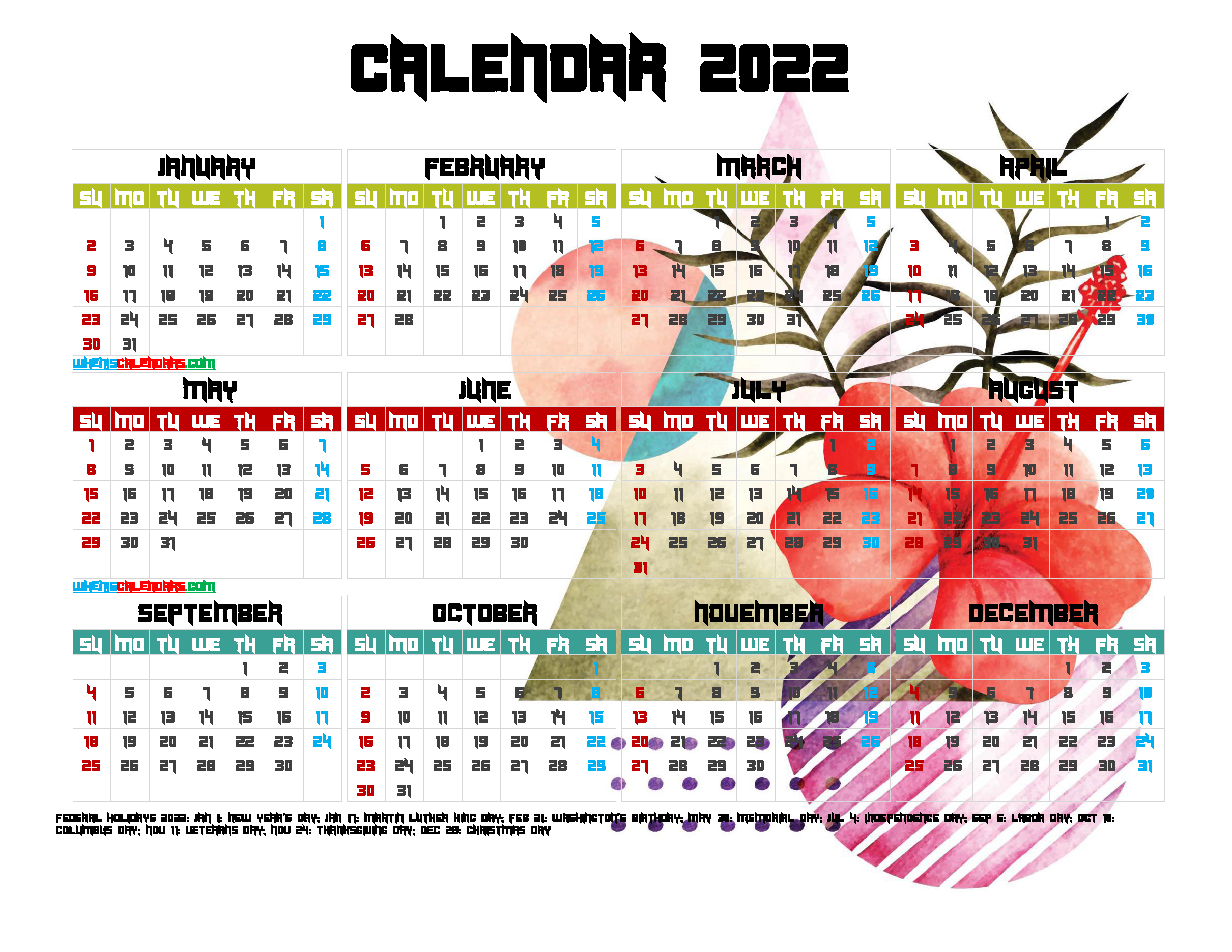 12 Printable Yearly 2022 Calendar With Holidays (Watercolor Premium) pertaining to Free Printable Calendar Quarterly 2022