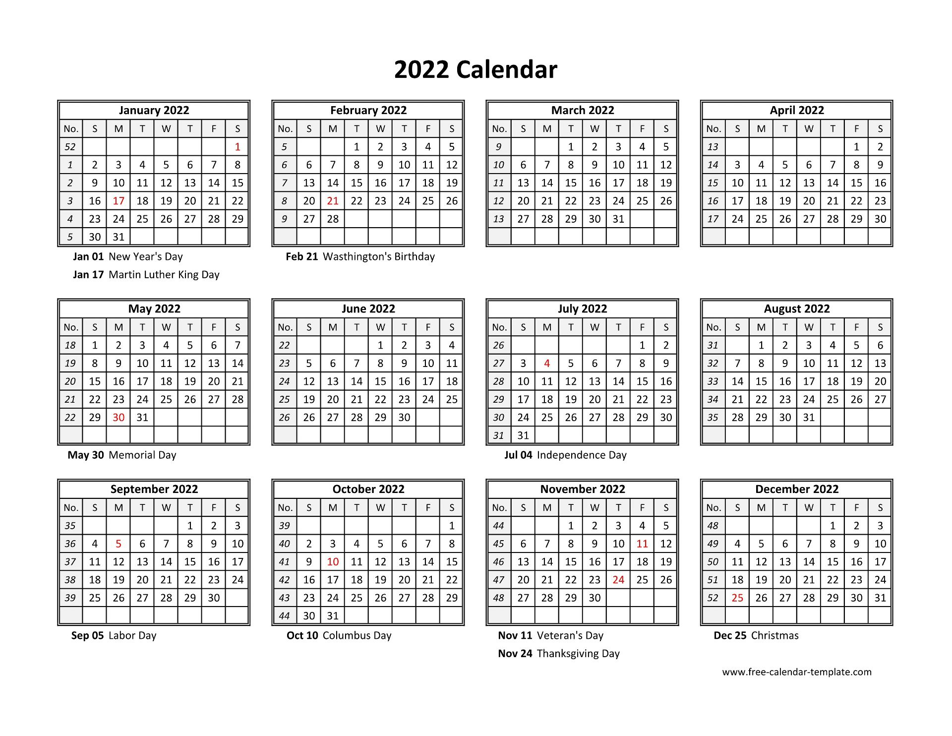 14+ Calendar 2022 With Holidays Printable Pics  All In Here with 2022 Calendar With Weeks