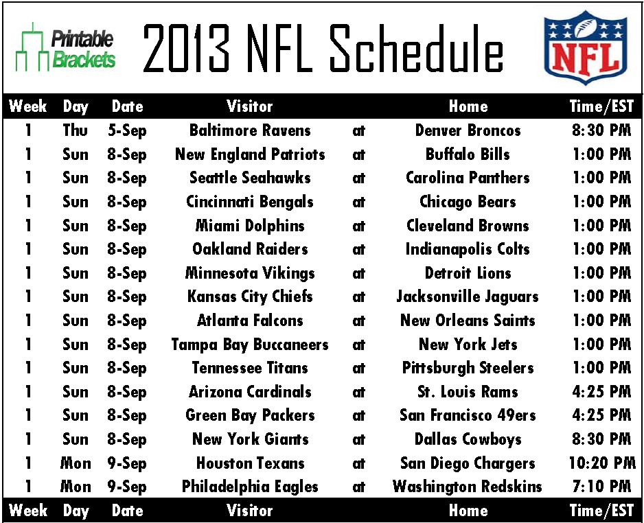 2013 Nfl Schedule | Nfl Schedule 2013 | Printable Nfl Schedule pertaining to Printable One Page Nfl Schedule Printabletemplates