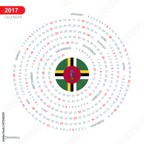 &quot;2017 Calendar, Dominica Country Flag Circle Button Banner, Spiral in Country Calendars In File