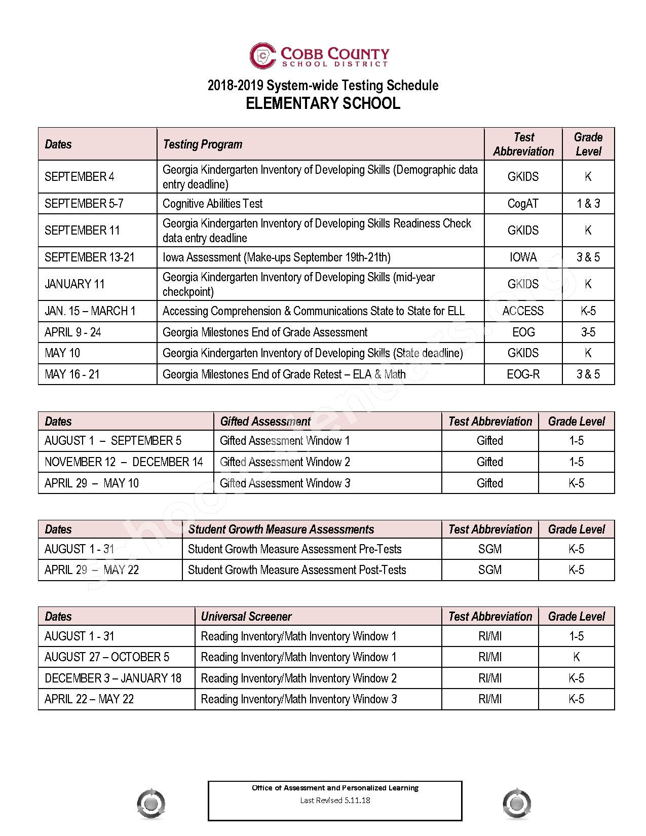 2018  2019 Elementary School Testing | Cobb County School District inside Cobb County School Calendar