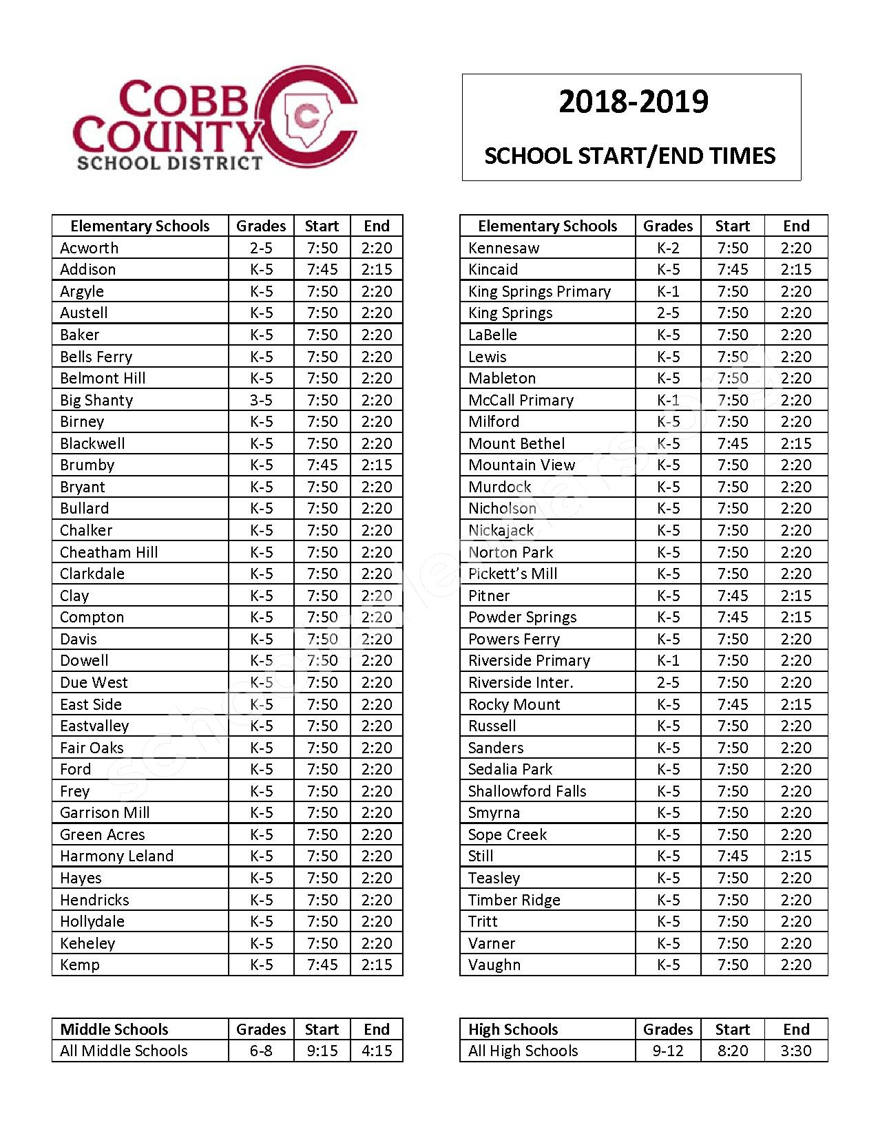 2018  2019 School Startend Times | Cobb County School District pertaining to Cobb County School Calendar