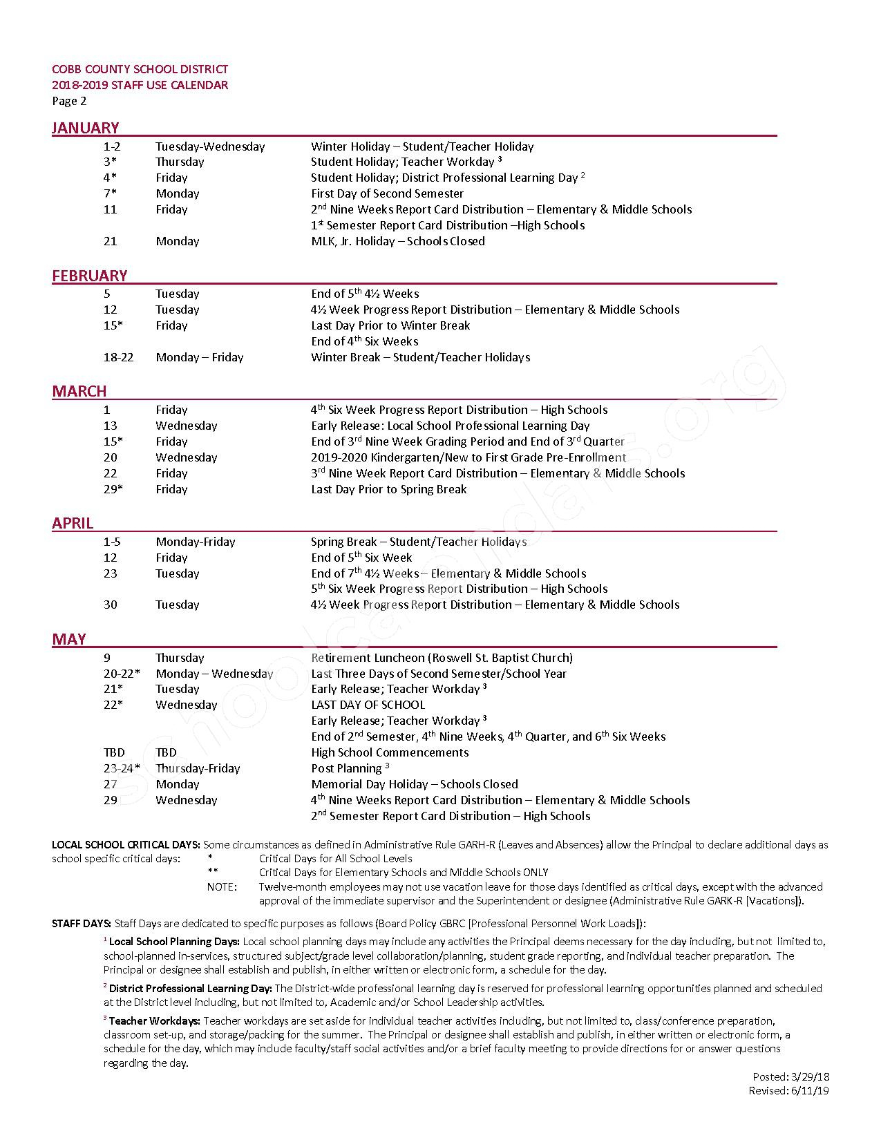 2018  2019 Staff Calendar | Cobb County School District  Marietta, Ga throughout Cobb County School Calendar