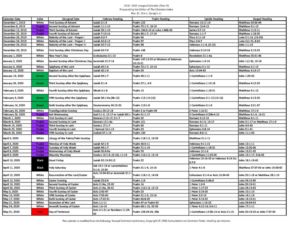 2019 ‐ 2020 Liturgical Calendar (Year A) Christian Methodist inside Anglican Liturgical Calendar Pdf