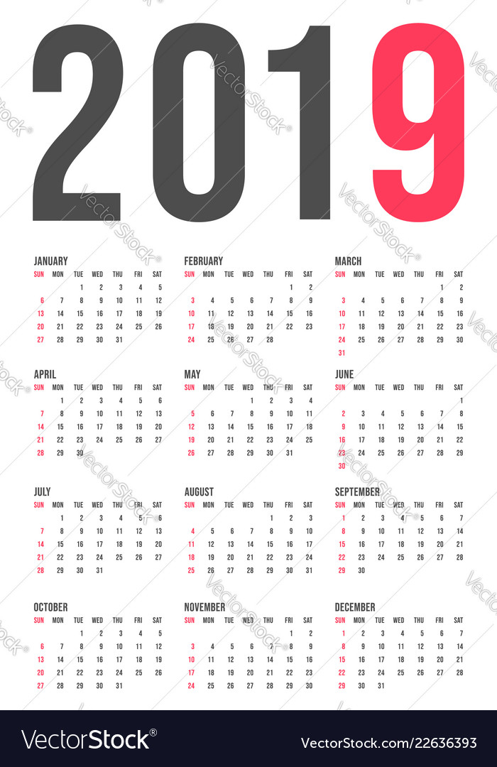 2019 Year Calendar Template Minimal Pocket Square Vector Image inside Yearly Calendar With Squares