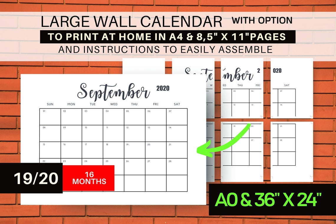 20192020 Extra Large Wall Calendar Printable Instant Download | Etsy throughout Free Printable Extra Large Calendars