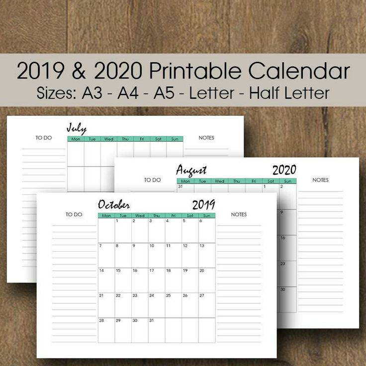 2020 Calendar Printable, 2020 Calendar Template, Wall Calendar 2020 with Half Size Monthly Printable Calendar