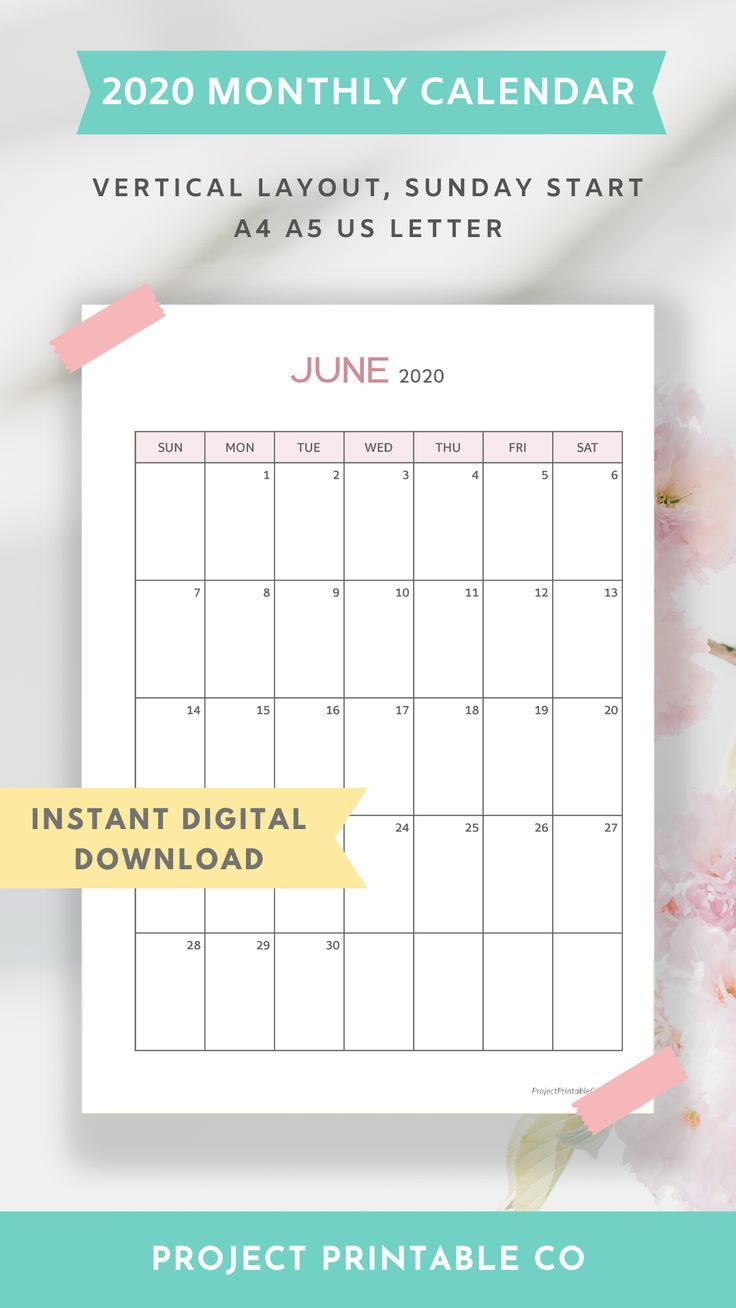 2020 Monthly Calendar Printable  Sunday Start, Vertical Layout for Printable Calendars Starting With Sunday