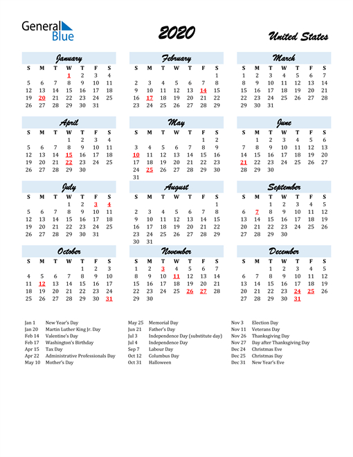 2020 United States Calendar With Holidays pertaining to Free Calendar Pdf States United