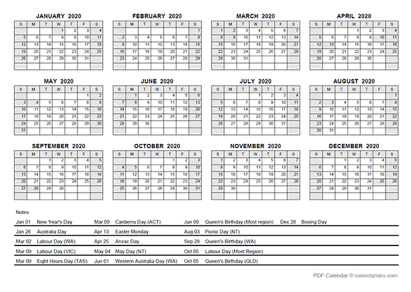 2020 Yearly Calendar With Australia Holidays Free Printable Templates pertaining to 2022 Yearly Calendar Template Word School Holidays South Australia