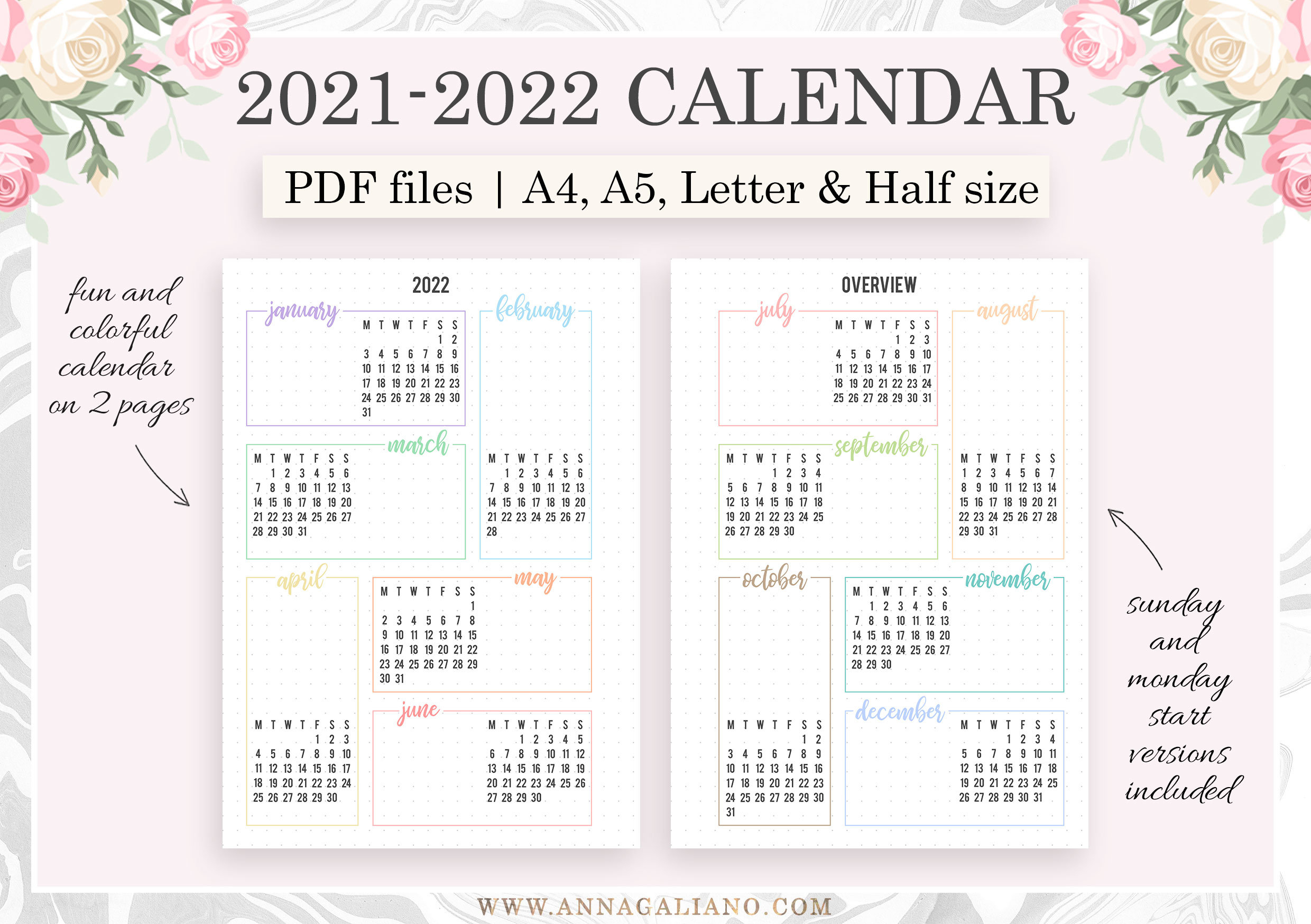 2021 2022 Calendar Printable Year At A Glance A5 Planner | Etsy in Year At A Glance Calendar 2022