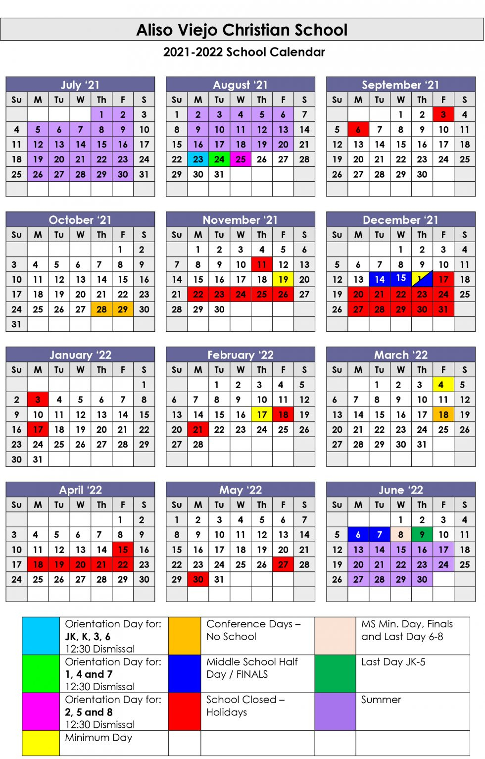 2021  2022 School Calendar  Aliso Viejo Christian School regarding Start Of Nanakshahi Calendar 2022