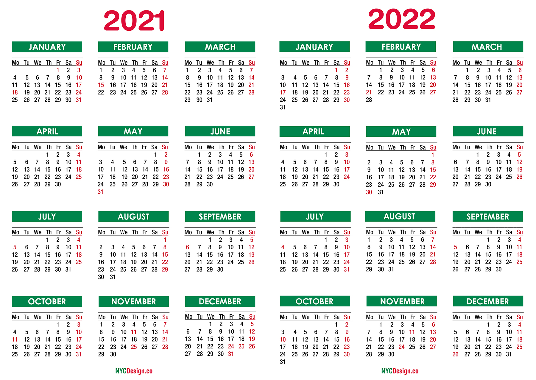 2021  2022 Two Year Calendar With Holidays, Printable Free, Green pertaining to 2022 Desk Top Calendar Free