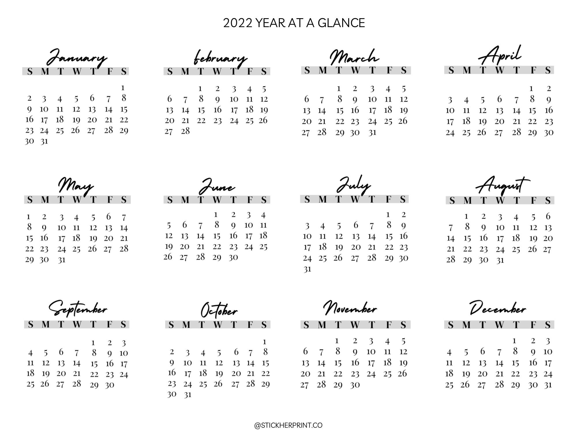 2021 2022 Year At A Glance Yearly Calendar Printable Pdf | Etsy within Year At A Glance Calendar 2022