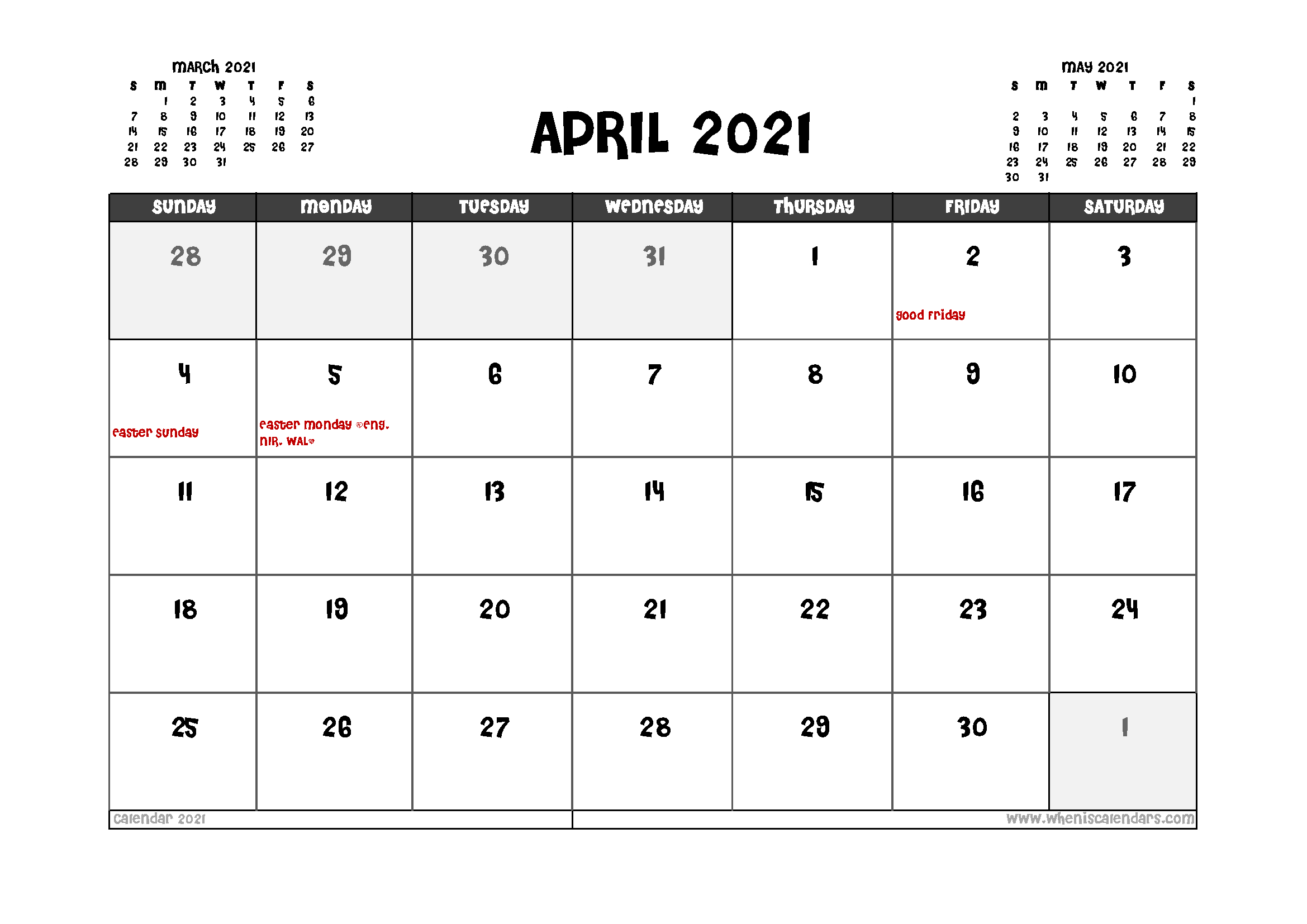 2021 April Calendar With Holidays  Yearmon with April 2023 Calendar Easter