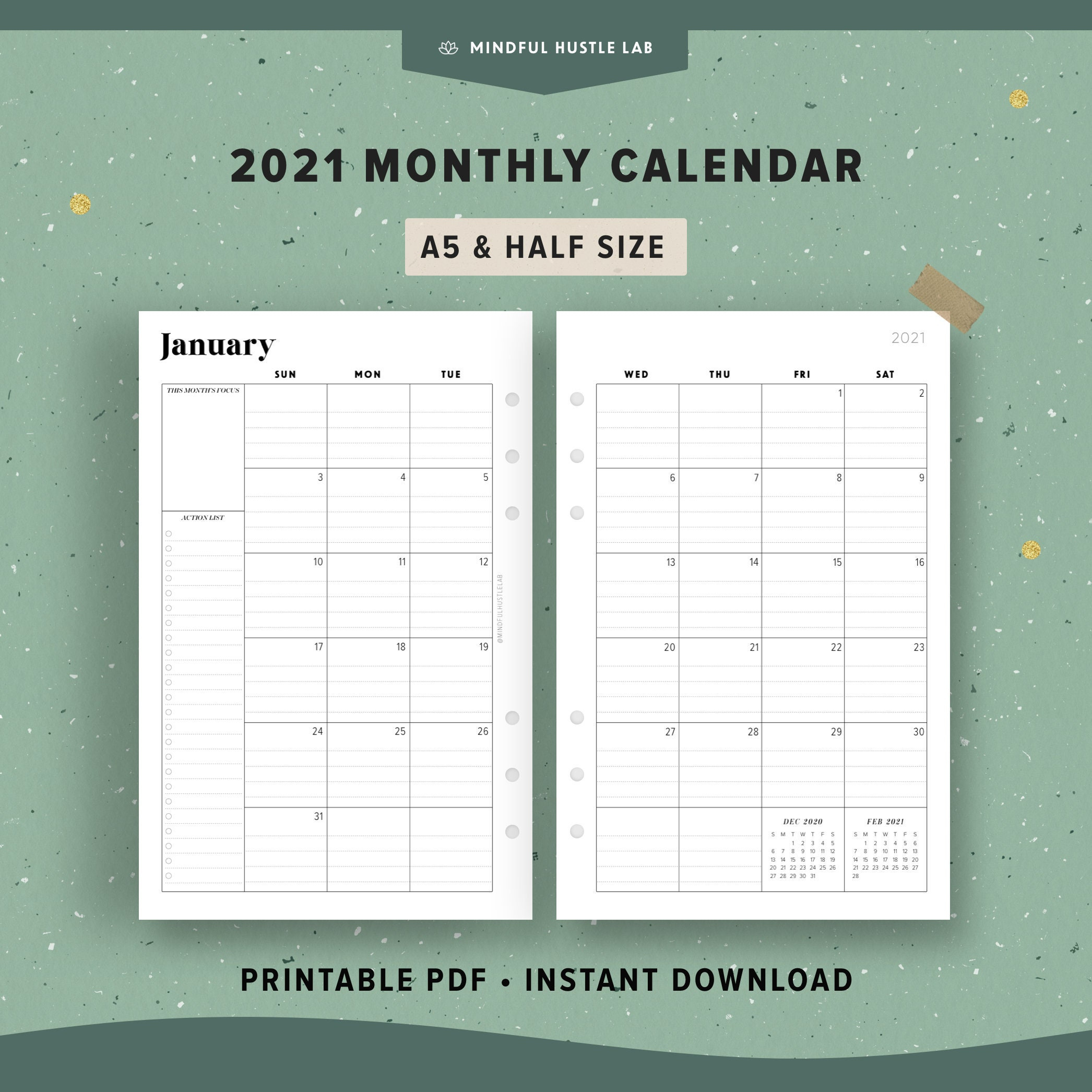 2021 Monthly Planner Printable A5 Half Size Dated Calendar | Etsy inside Half Size Monthly Printable Calendar