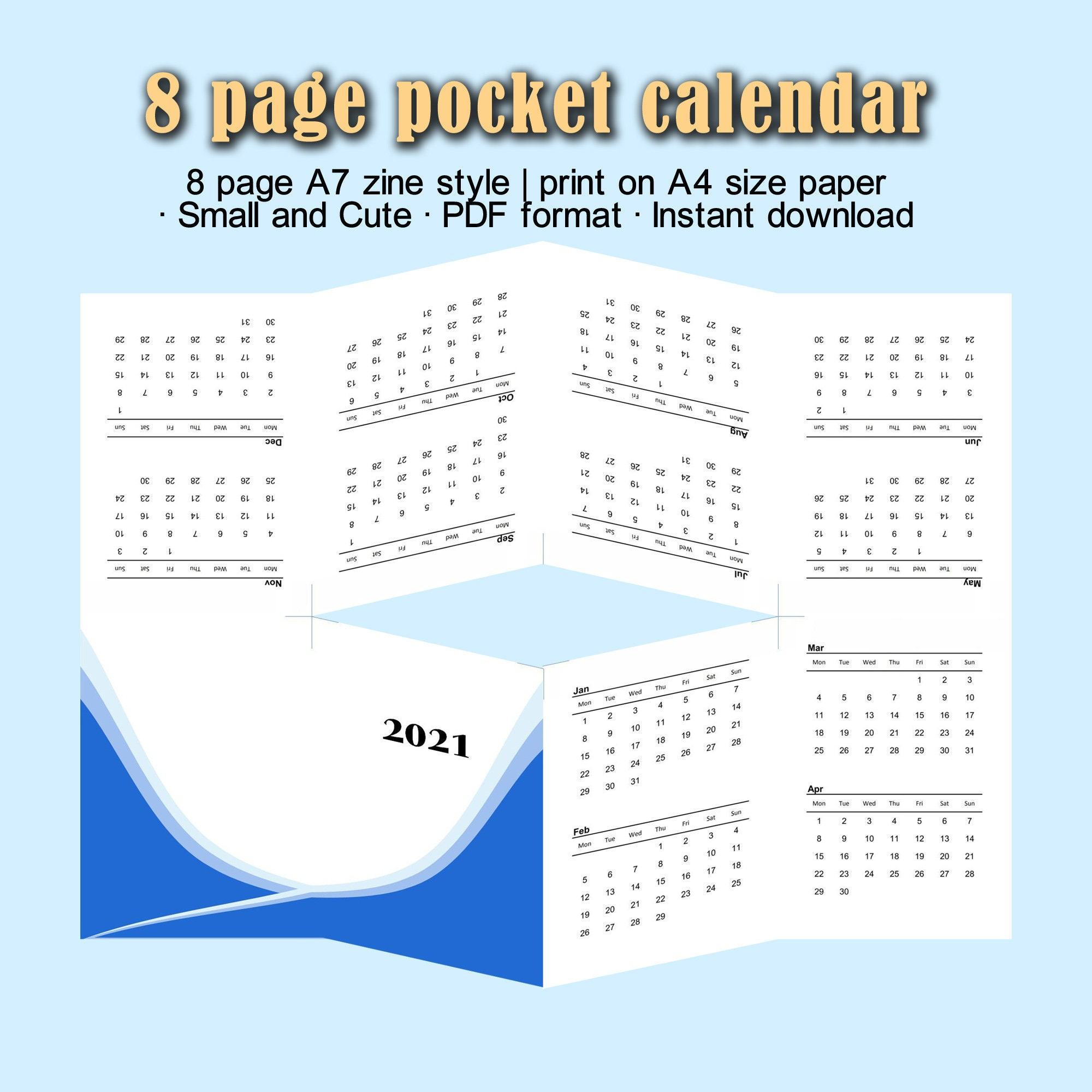 2021 Pocket Mini Calendar 8 Page Foldable Printable A7 Size Diy Zine throughout Free Printable Small Pocket Calendars