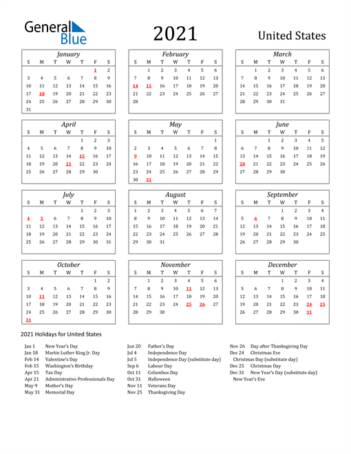 2021 United States Calendar With Holidays in Free Calendar Pdf States United