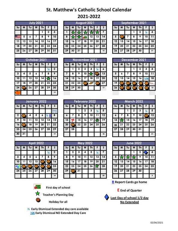 20212022 School Calendar | St. Matthew Catholic School pertaining to Schools Calendar In Uganda 2022