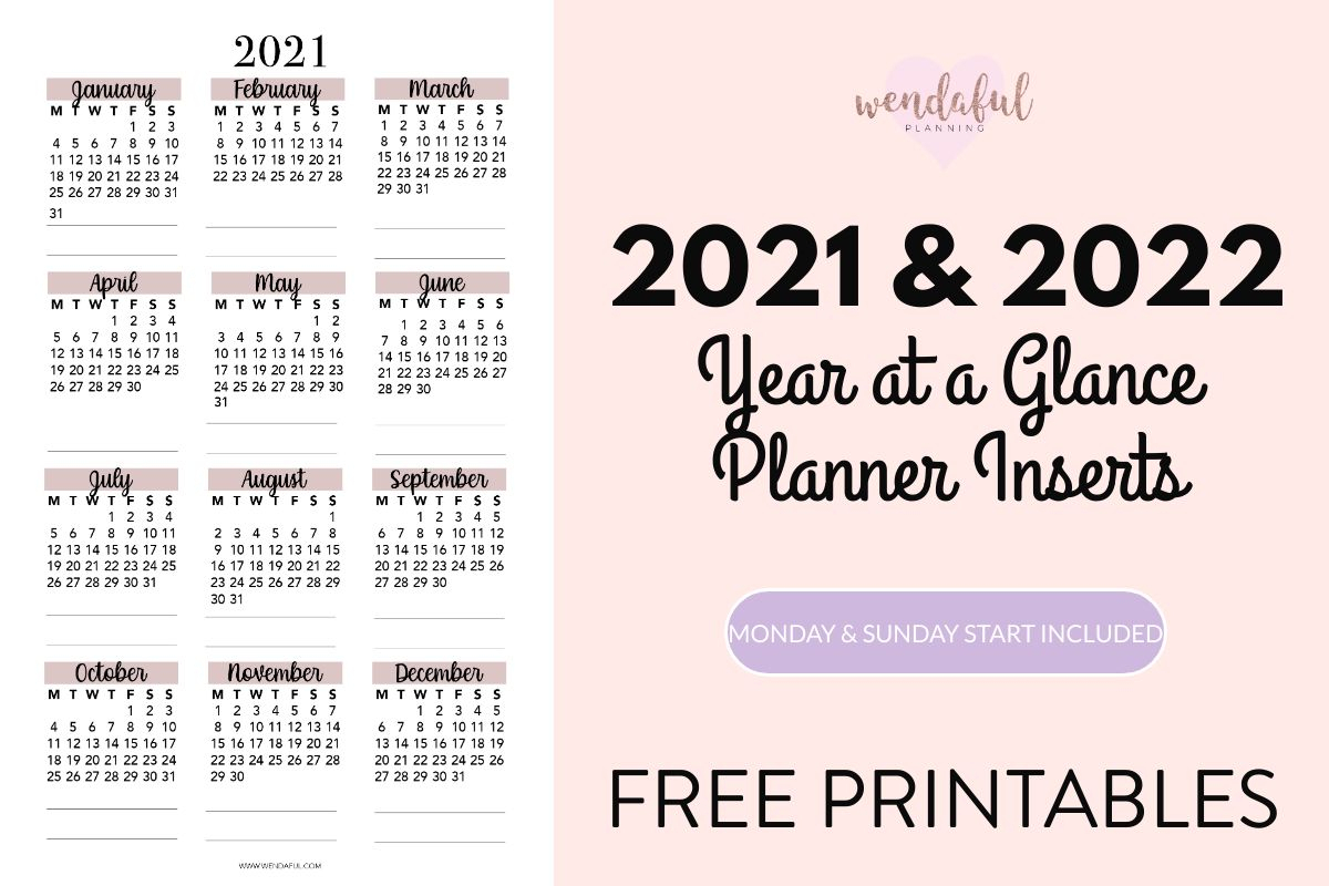 20212022 Year At A Glance Planner Inserts | Wendaful Planning for Year At A Glance Calendar 2022