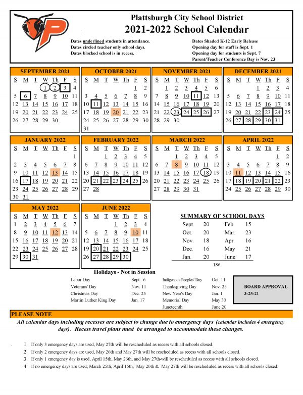 202122 Pcsd School Calendar  Plattsburgh City School District with regard to Nyc School Calendar 2022 2022