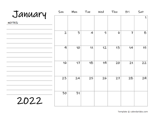 2022 Blank Calendar Template With Notes Free Printable Templates in Google Calendar 2022 Template