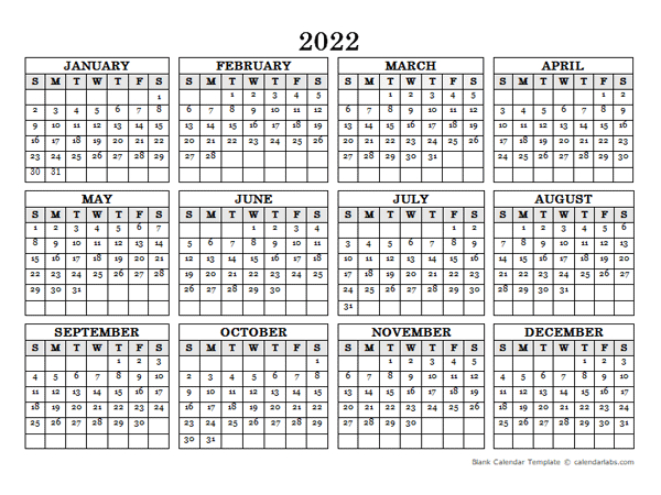 2022 Blank Yearly Calendar Landscape Free Printable Templates intended for Google Calendar 2022 Template