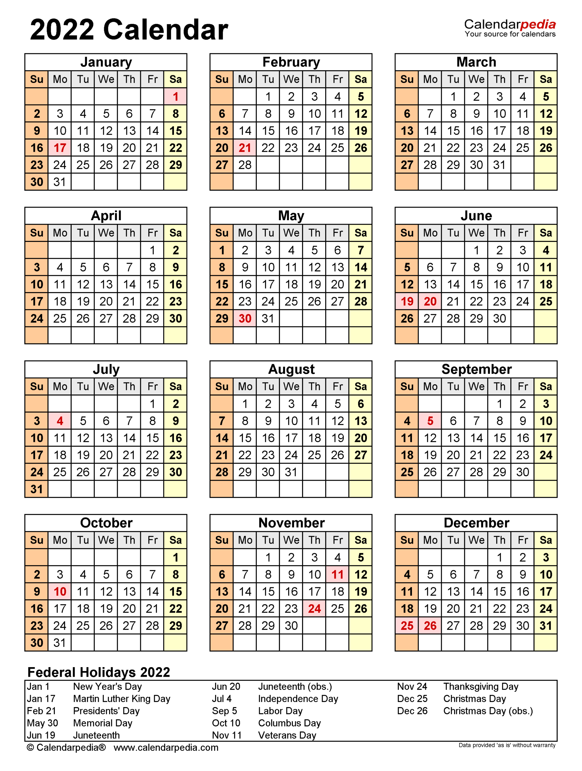2022 Calendar  Free Printable Word Templates  Calendarpedia with regard to Large Free Printable 2022 Months