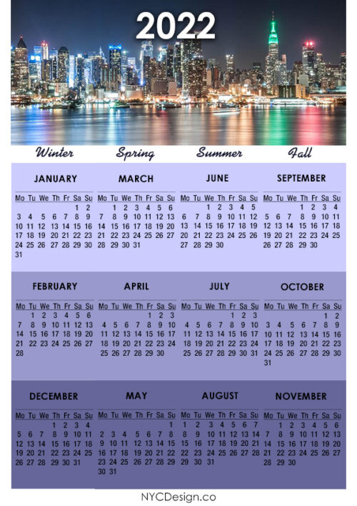 2022 Calendar Printable  A4 Paper Size, Nyc Calendar  Monday Start with Start Of Nanakshahi Calendar 2022