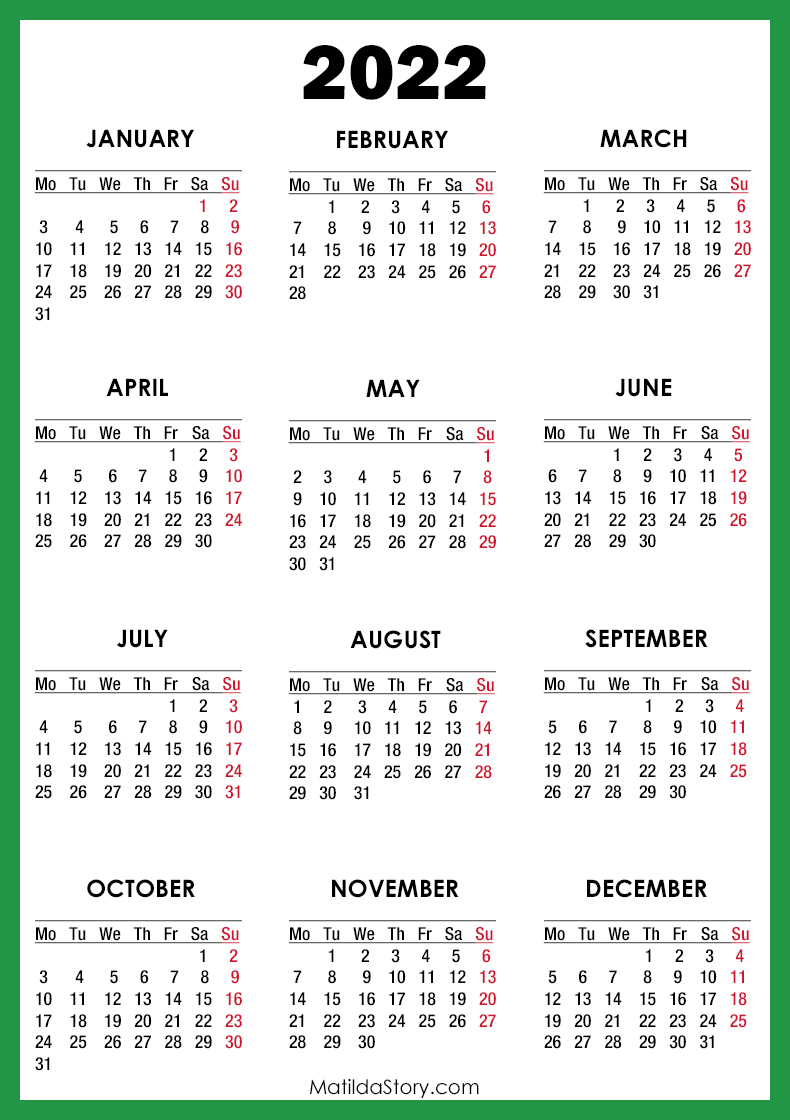 2022 Calendar Printable Free, Green  Monday Start  Matildastory in Free Printable Fiscal Year 2022 Calendar