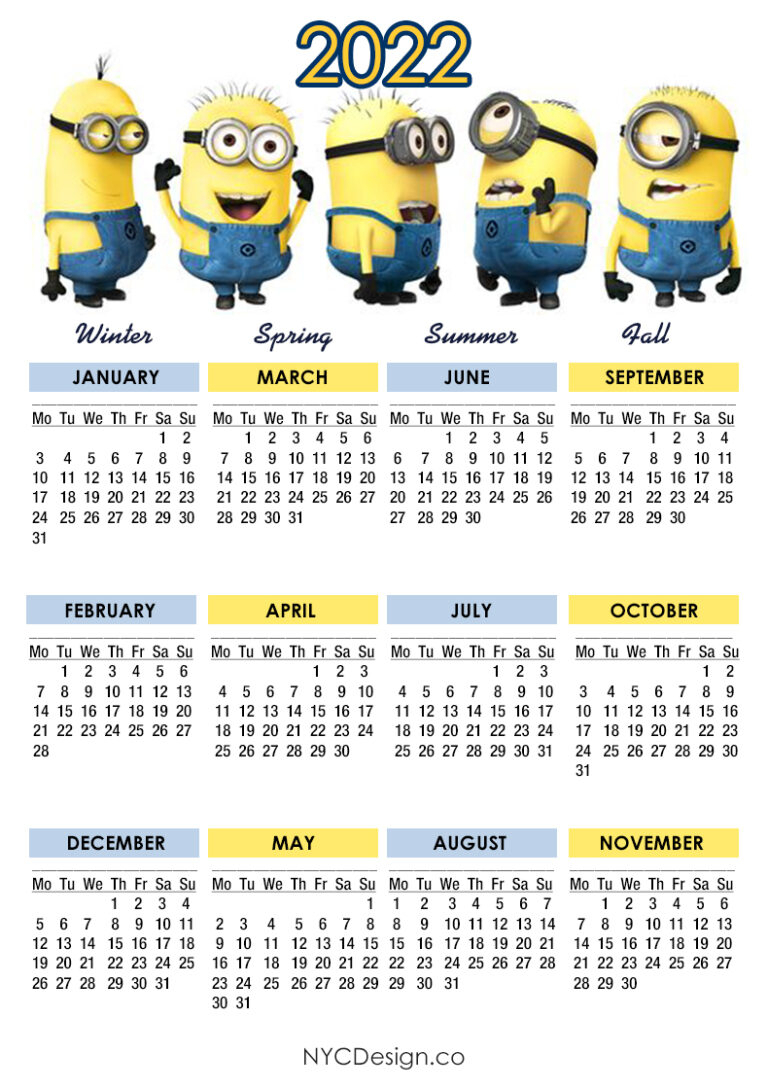 2022 Calendar Printable Free, Minions Calendar  Monday Start in Start Of Nanakshahi Calendar 2022