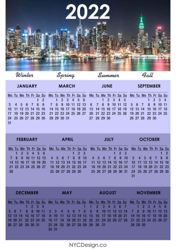 2022 Calendar Printable Free, Nyc Calendar  Monday Start  Nycdesign in Start Of Nanakshahi Calendar 2022