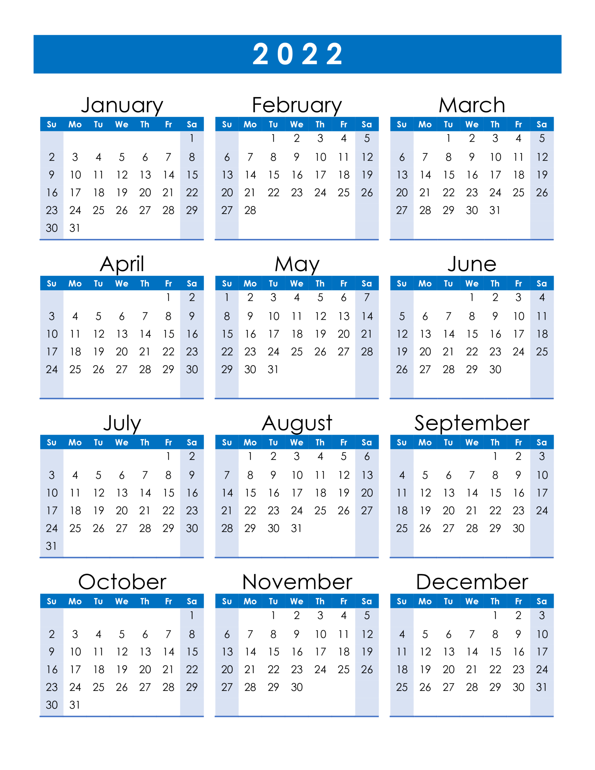 2022 Calendar Printable One Page  2022 Yearly Calendar : The 12 Months throughout Printable 2022 Calendar One Page