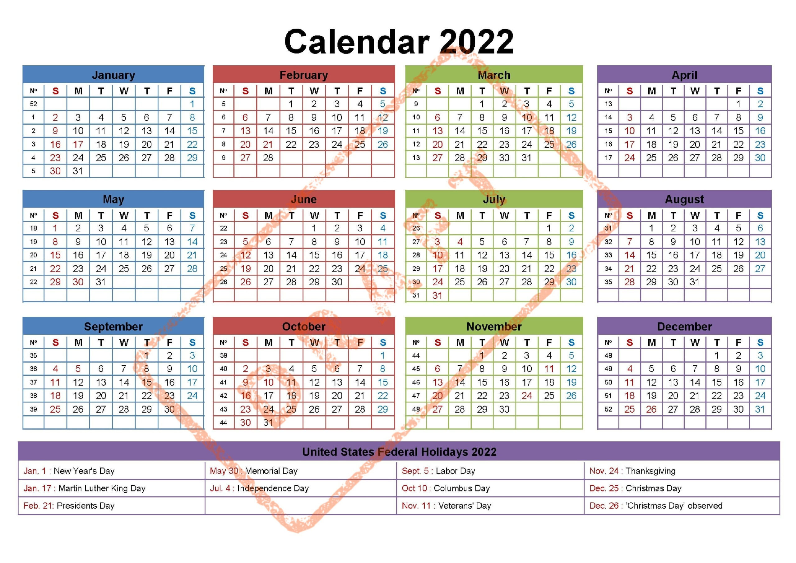 2022 Calendar Printable With Federal Holidays Yearly | Etsy pertaining to Printable Federal Government Holiday Calendar