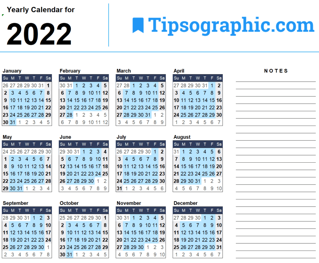 2022 Calendar Templates &amp; Images | Tipsographic intended for Calendrier Google Sheets 2022