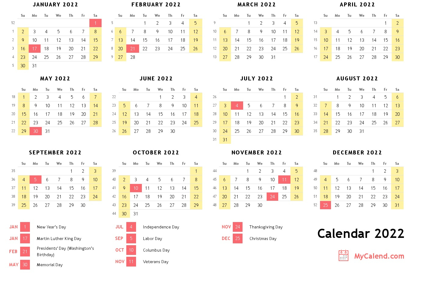2022 Calendar With Holidays  Free Printable Calendar throughout Print 2022 Calendar Free Printable Calendars