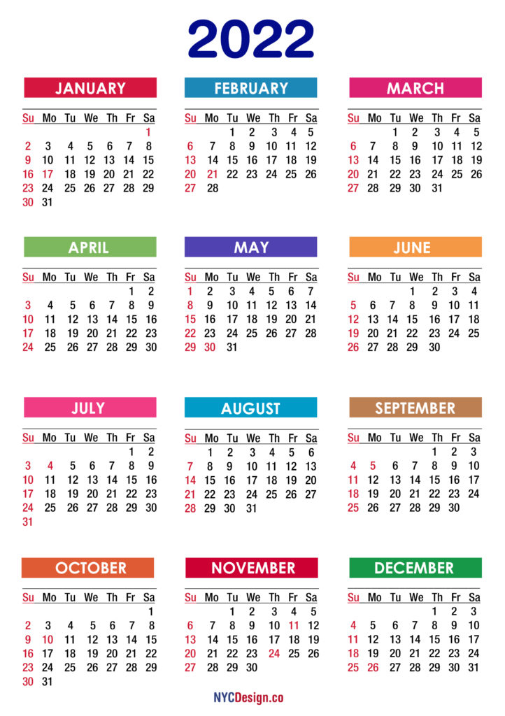 2022 Calendar With Holidays, Printable Free, Pdf, Colorful  Sunday for 2022 Wall Calendar Printable Free