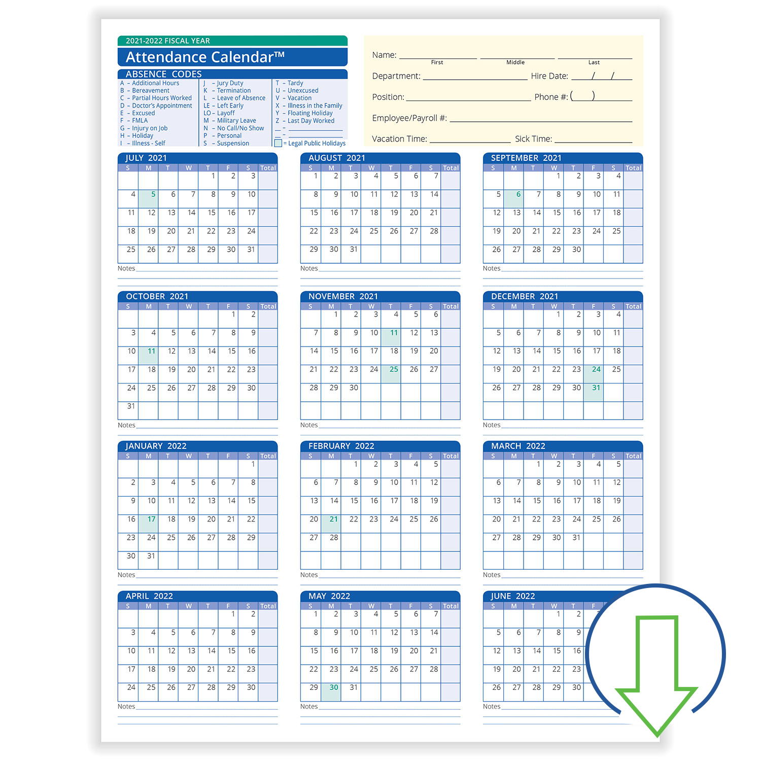 2022 Employee Calendar  July Calendar 2022 for Fiscal Year Calendar 2022 2022 Printable