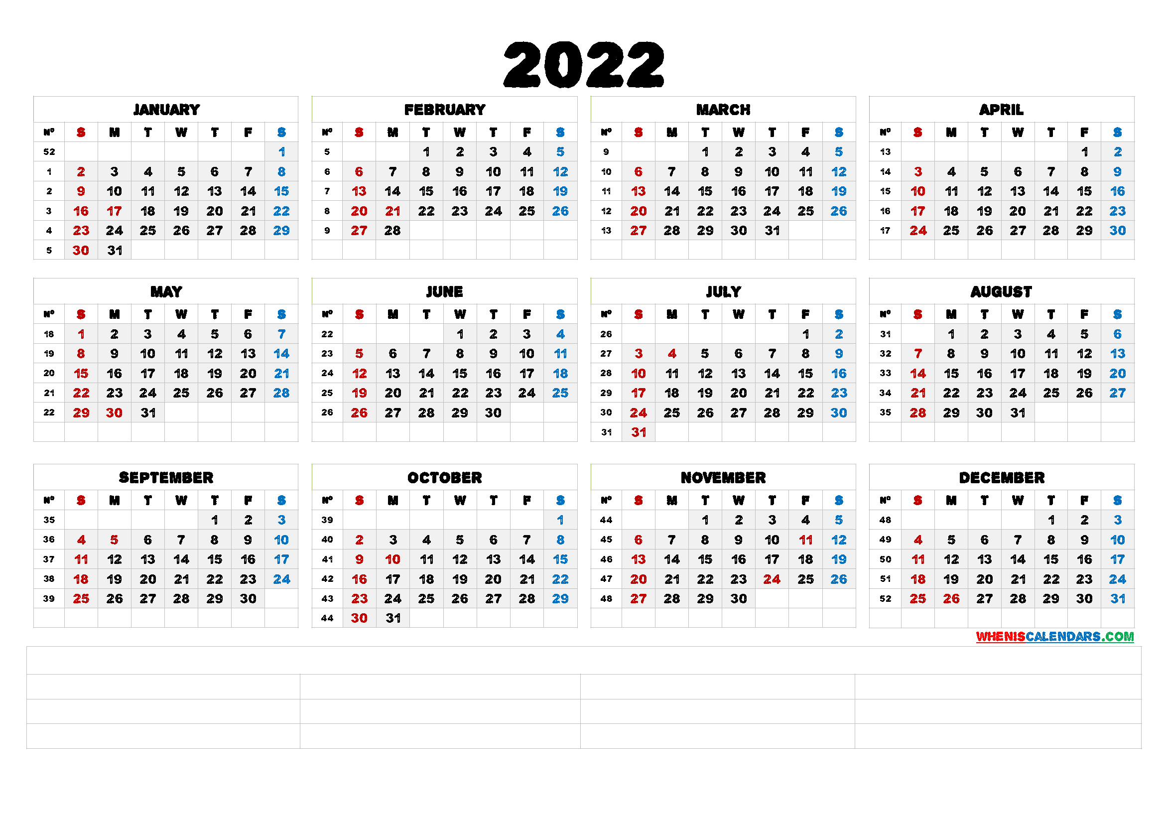 2022 Free Printable Yearly Calendar (6 Templates) intended for Yearly Calander With Squaress