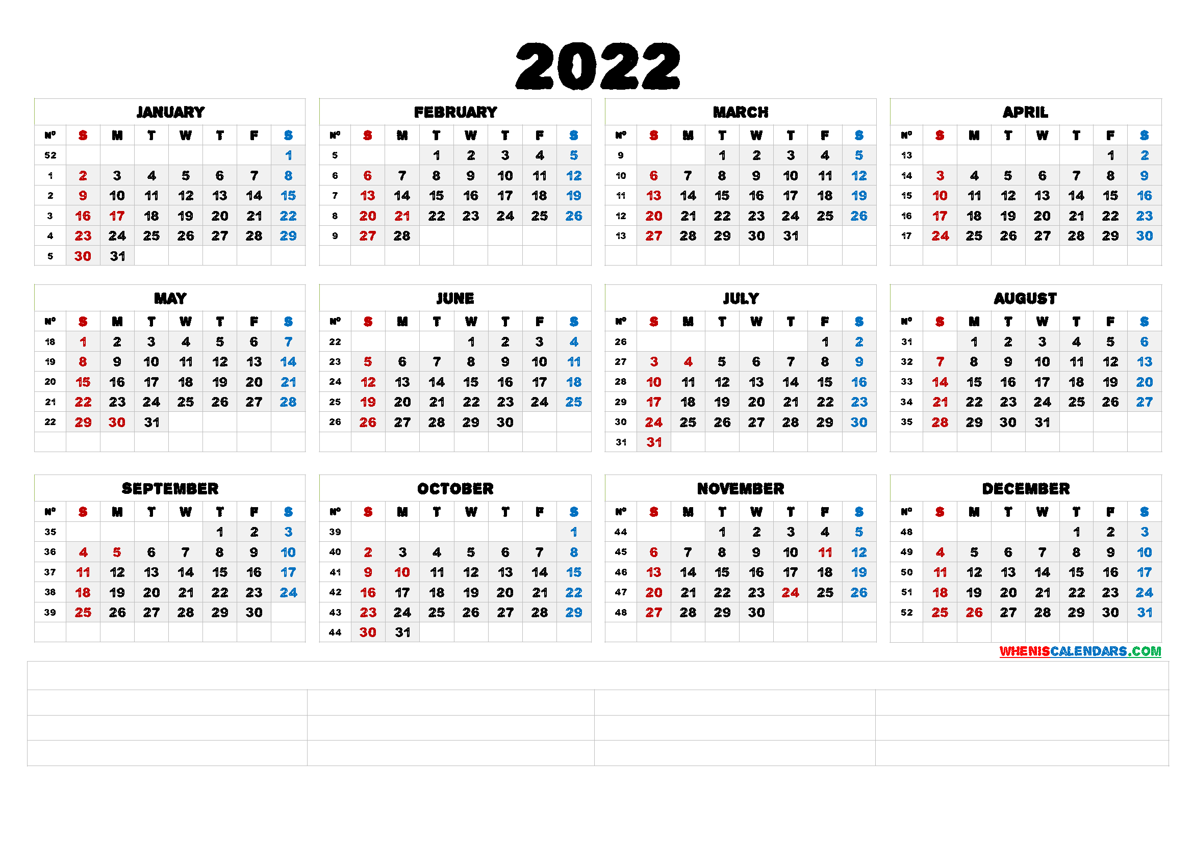 2022 Free Printable Yearly Calendar (6 Templates) throughout Yearly Calendar With Squares