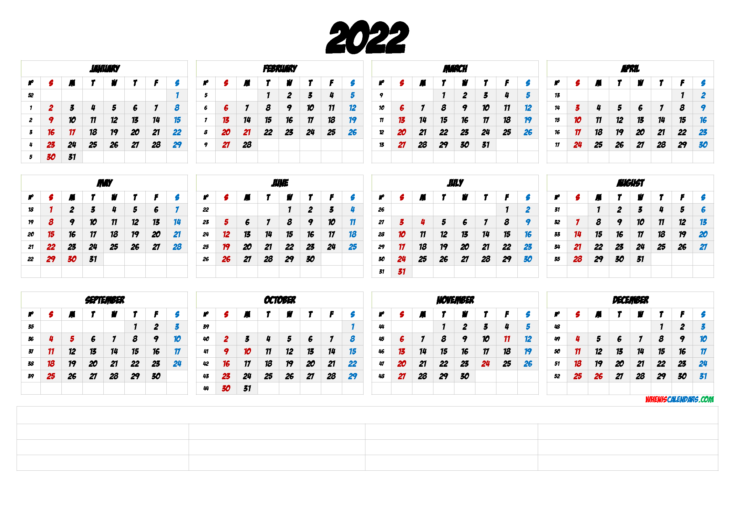 2022 Free Printable Yearly Calendar (6 Templates) with 2022 Calendar With Weeks