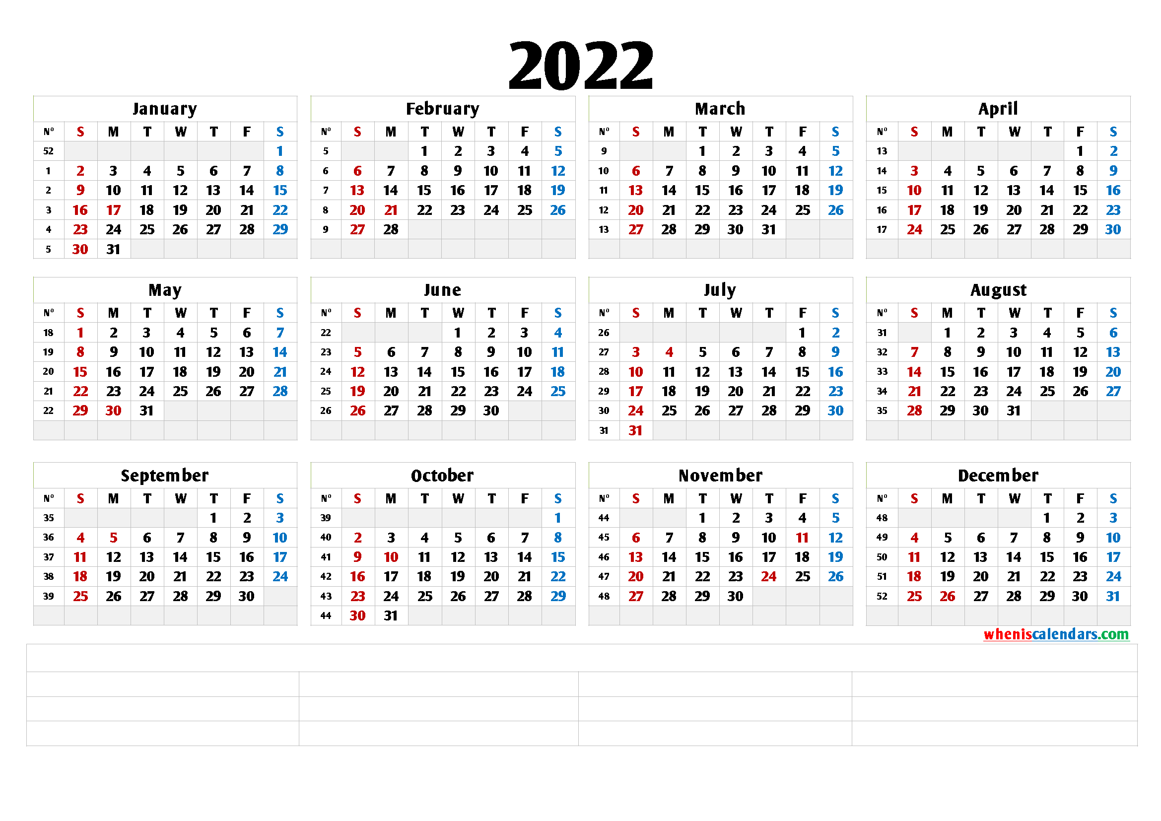 2022 Free Printable Yearly Calendar  Calendraex within Large Free Printable 2022 Months