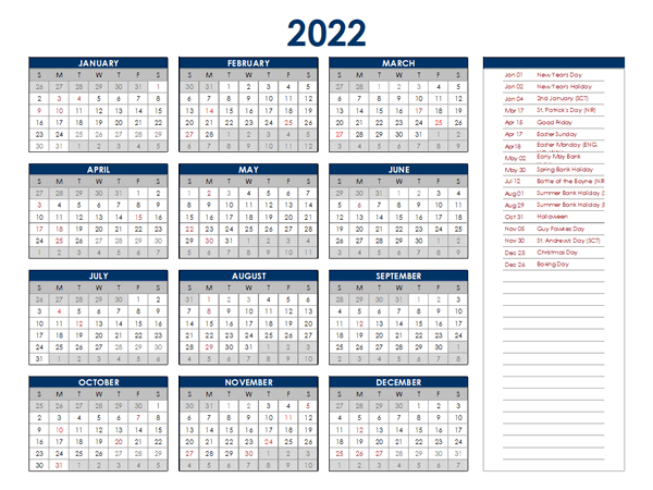2022 Ireland Annual Calendar With Holidays  Free Printable Templates for Fiscal Year Calendar 2022 2022 Printable