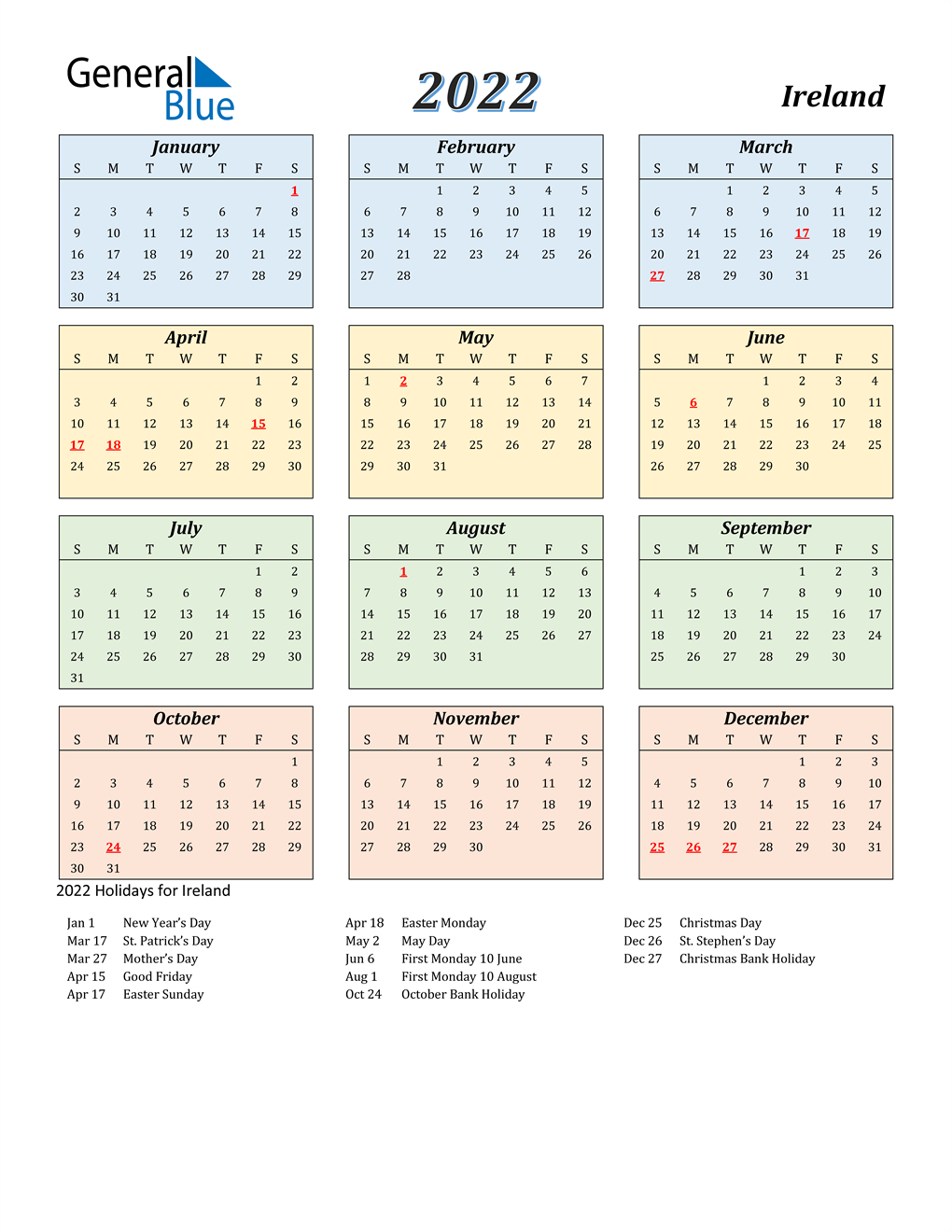 2022 Ireland Calendar With Holidays throughout Calendar By Calendar Week 2022