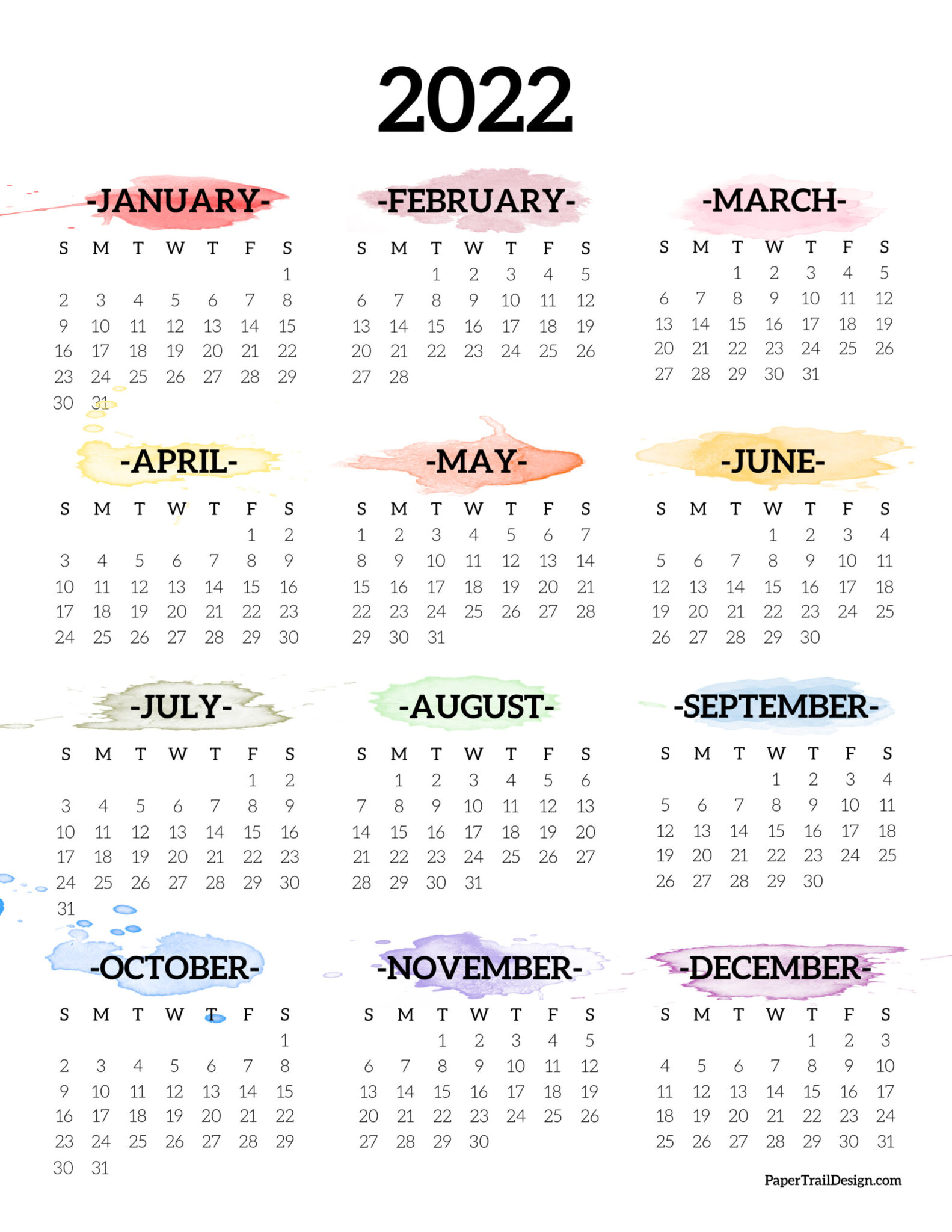 2022 One Page Calendar Printable  Watercolor | Paper Trail Design intended for 2022 Fiscal Calendar Printable
