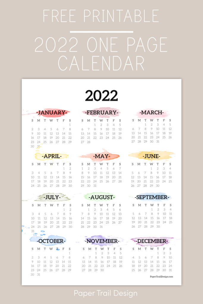 2022 One Page Calendar Printable  Watercolor | Paper Trail Design pertaining to Printable 2022 Calendar One Page